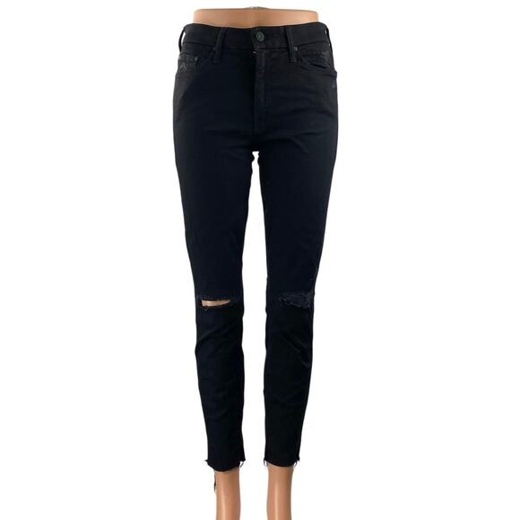 Mother Women's Black Mid Rise Distressed Skinny Raw Hem Denim Jeans Size 27 - Picture 1 of 5